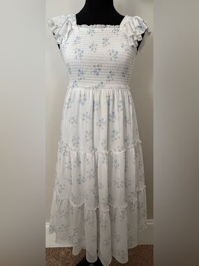 Girls White Tiered dress with Light Blue Floral Print